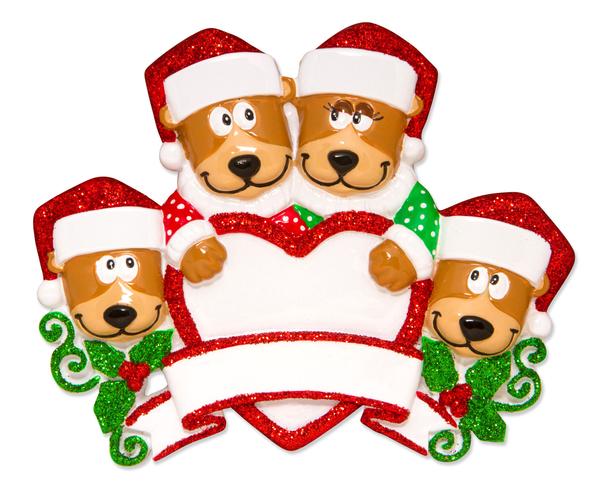 Brown Bear Family With Heart Family of 4 Personalized Christmas Ornament