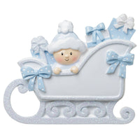 Baby In A Sleigh (Blue) Personalized Christmas Ornament