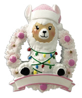 \Llama In Wreath (Pink) Personalized Christmas Ornament