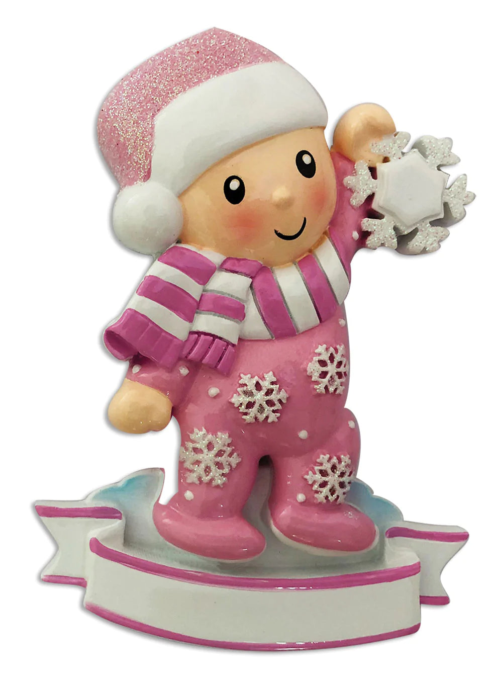 Baby Girl In Pajamas Holding Snowflake-Pink Personalized Christmas Ornament