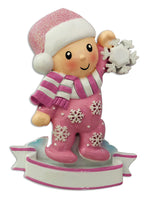 ]Baby Girl In Pajamas Holding Snowflake-Pink Personalized Christmas Ornament